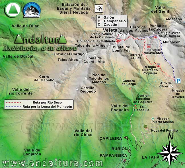 Mapa Sierra Nevada con las Rutas de Senderismo para ascender al Veleta desde el Alto del Chorrillo. Mapa de las Rutas desde la lanzadera del SIAC Capileira - Alto del Chorrillo al Veleta