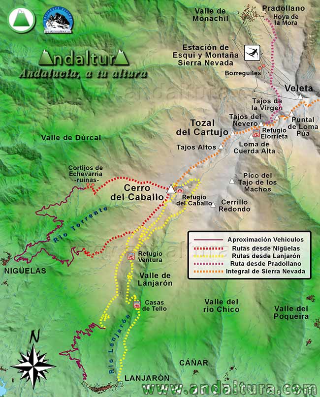 Mapa de Sierra Nevada con las principales y mejores Rutas de Senderismo para ascender al Cerro del Caballo