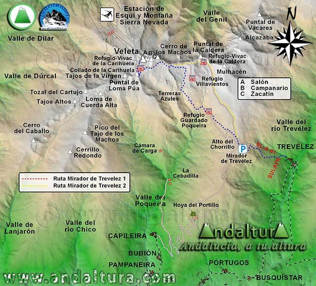 Mapa Sierra Nevada con la Ruta de Senderismo para ascender al Veleta desde el Alto del Chorrillo - Mapa de la Ruta desde la lanzadera del SIAC Capileira-Alto del Chorrillo al Veleta - Ruta de Senderismo de Trevélez al Veleta