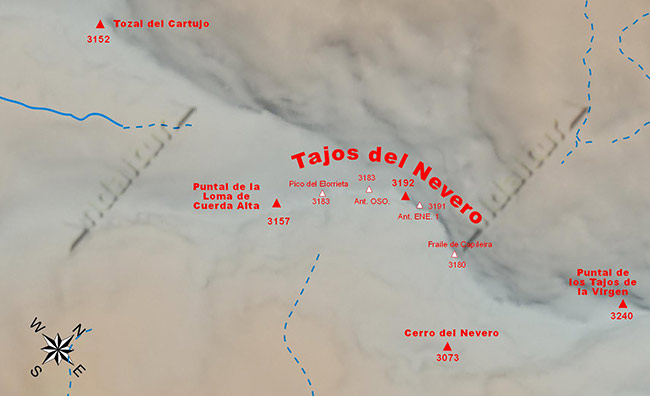 Mapa de los Tresmiles de Sierra Nevada: Situación de los Tajos del Nevero y sus antecimas