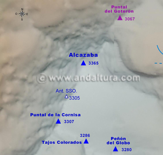 Mapa de los Tresmiles de Sierra Nevada: Situación de la Alcazaba de Sierra Nevada y sus antecimas