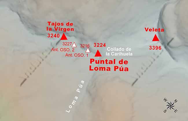 Mapa de los Tresmiles de Sierra Nevada: Situación del Puntal de Loma Púa y sus antecimas