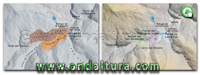 Mapa de Sierra Nevada con los nombres usados por Andaltura en sus Mapas y Contenidos de la Loma de Púa, Tajos de la Virgen y Tajos del Nevero