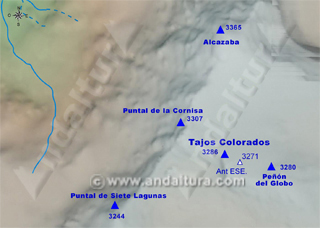 Mapa de los Tresmiles de Sierra Nevada: Situación de los Tajos Colorados y sus antecimas