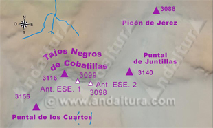 Mapa de los Tresmiles de Sierra Nevada: Situación de Tajos Negros de Cobatillas y sus antecimas