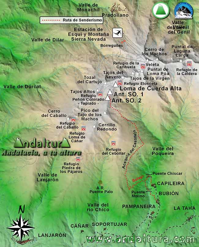 Mapa Sierra Nevada con la Ruta de Senderismo para ascender a la Loma de Cuerda Alta desde la localidad de Capileira por el Gran Recorrido GR 240 Sulayr y la Acequia del Castillejo