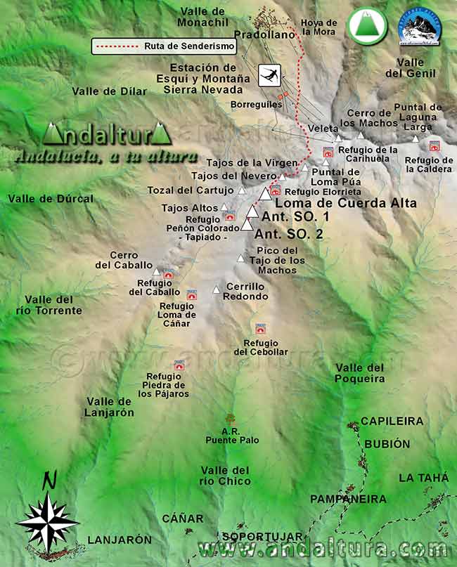 Mapa Sierra Nevada con la Ruta de Senderismo para ascender a la Loma de Cuerda Alta desde la Estación de Esquí Sierra Nevada en la Hoya de la Mora por la Laguna de las Yeguas y los Lagunillos de la Virgen