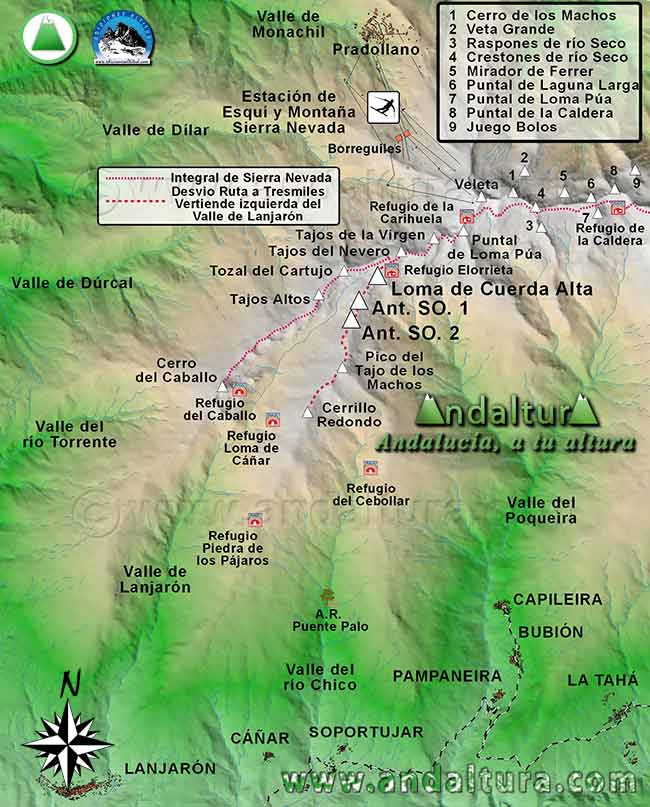 Mapa Sierra Nevada con la Ruta de Senderismo para ascender a la Loma de Cuerda Alta por la Integral de Sierra Nevada