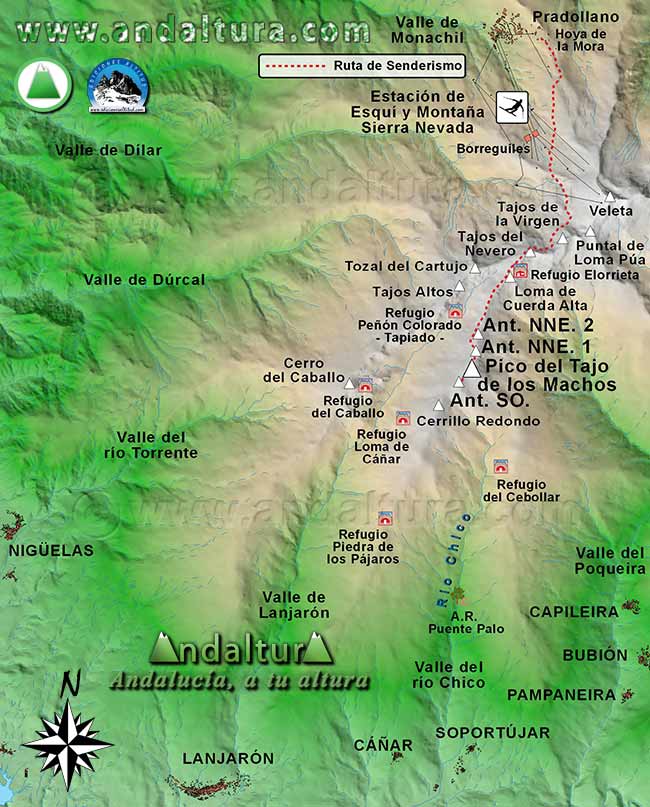 Mapa Sierra Nevada con la Ruta de Senderismo para ascender al Pico del Tajo de los Machos desde la Estación de Esquí Sierra Nevada en la Hoya de la Mora por la Laguna de las Yeguas y los Lagunillos de la Virgen