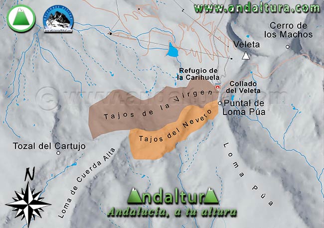 Mapa de los Tresmiles de Sierra Nevada: Nombres bibliograficos usados sobre los Tajos de la Virgen y Tajos del Nevero