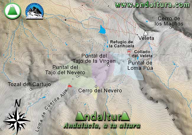 Mapa de los Tresmiles de Sierra Nevada: Nombres usados en los Mapas y Contenidos de Andaltura sobre el Loma Púa, los Tajos de la Virgen y los Tajos del Nevero