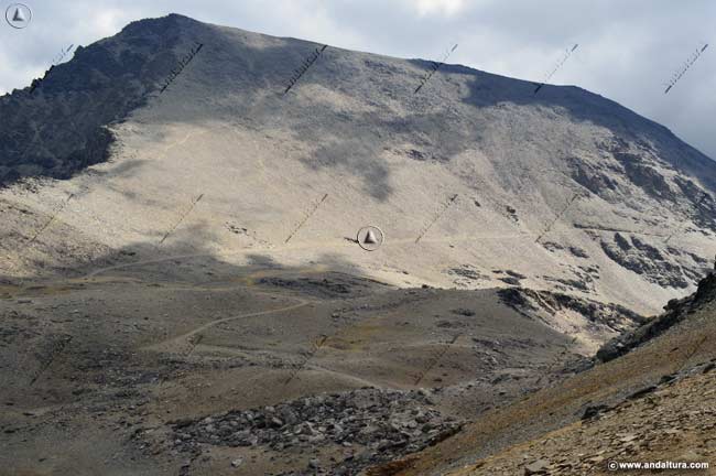 Pista sobre la Cuenca Glaciar de la Caldera, el Refugio-vivac de la Caldera y el Mulhacén