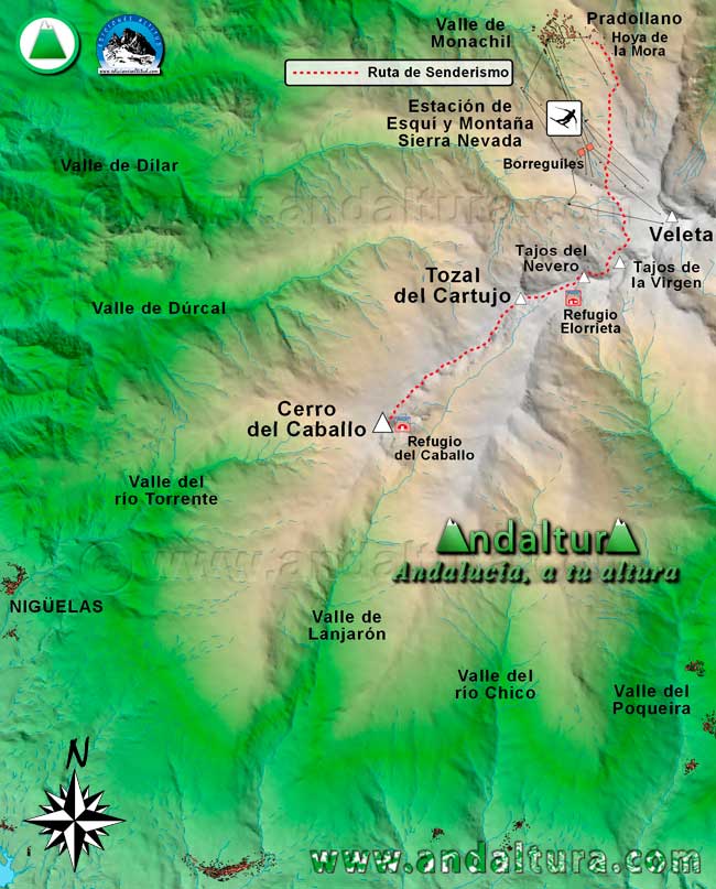 Mapa Sierra Nevada con la Ruta de Senderismo para ascender al Cerro del Caballo desde la Estación de Esquí Sierra Nevada en la Hoya de la Mora por el Collado de la Laguna y los Lagunillos de la Virgen