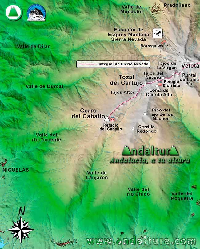 Mapa Sierra Nevada con la Ruta de Senderismo para ascender al Cerro del Caballo por la Integral de Sierra Nevada