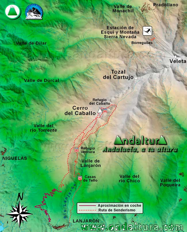 Mapa Sierra Nevada con la Rutas de Senderismo para ascender al Cerro del Caballo desde Lanjarón por la Loma de Lanjarón o por el Valle de Lanjarón
