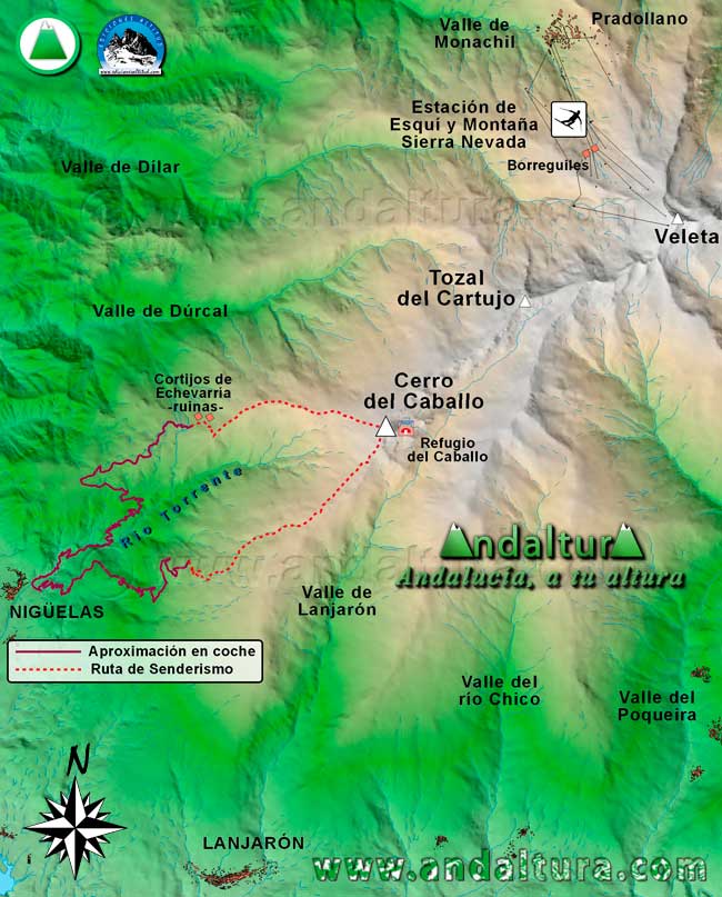 Mapa Sierra Nevada con la Rutas de Senderismo para ascender al Cerro del Caballo desde Nigüelas tanto por la Solana como por la Umbría