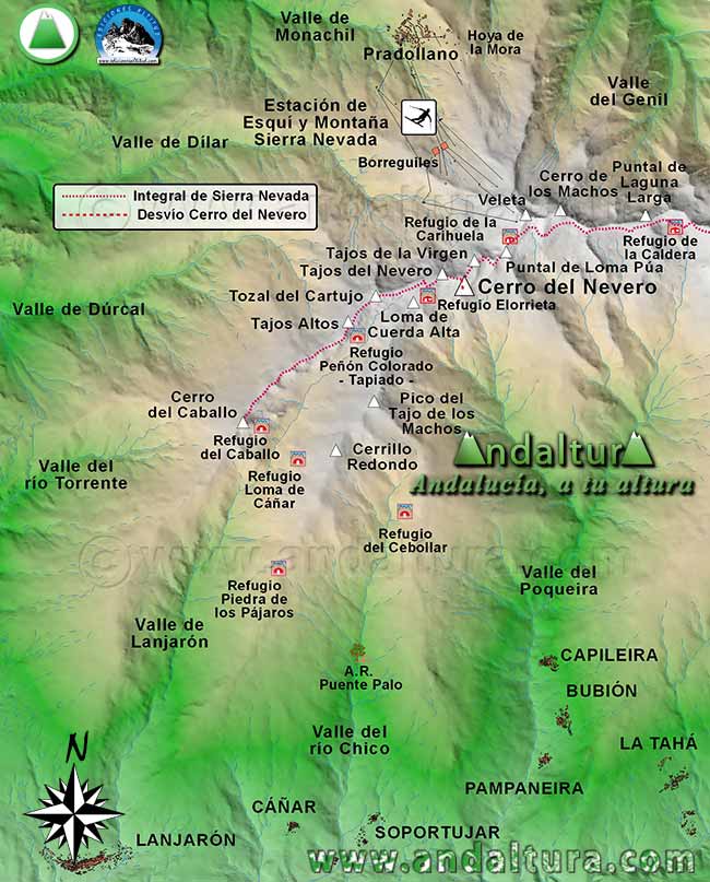 Mapa Sierra Nevada con la Ruta de Senderismo para ascender al Cerro del Nevero por la Integral de Sierra Nevada