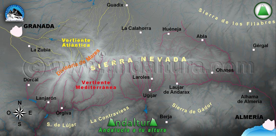Mapa de situación del Espacio Natural Sierra Nevada y la Divisoria de Mares y las Vertientes Atlántica y Mediterránea