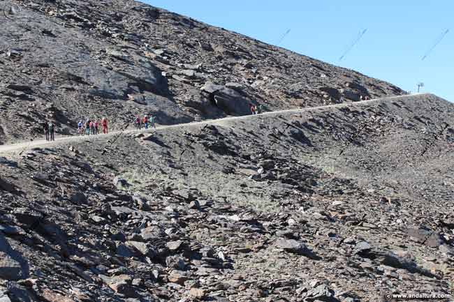 Senderistas por la pista asfaltada al Veleta en una ruta guiada hacia el Collado de la Carihuela en Sierra Nevada