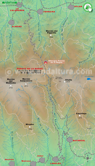Antiguo Mapa de los Refugios de Sierra Nevada de la zona Puerto de la Ragua - Antiguo Mapa de los Refugios de Sierra Nevada en los límites de Granada y Almería