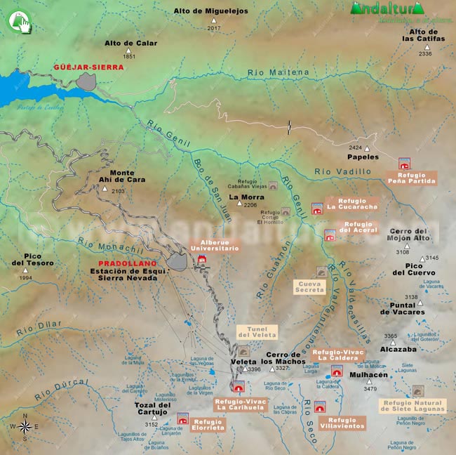 Antiguo Mapa de los Refugios de Sierra Nevada de la zona en el Valle del Genil - Antiguo Mapa de los Refugios de Sierra Nevada en Granada