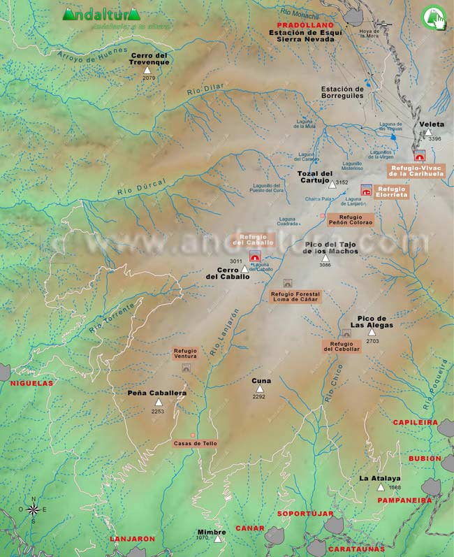 Antiguo Mapa de los Refugios de Sierra Nevada de la zona del Valle de Lanjarón - Antiguo Mapa de los Refugios de Sierra Nevada en Granada