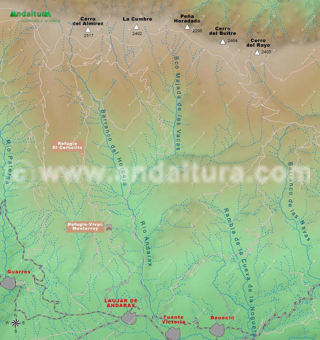 Antiguo Mapa de los Refugios de Sierra Nevada de la zona del río Andarax - Antiguo Mapa de los Refugios de Sierra Nevada en Almería