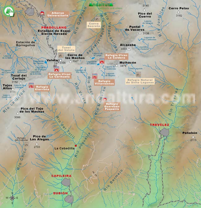 Antiguo Mapa de los Refugios de Sierra Nevada de la zona Veleta - Mulhacén - Antiguo Mapa de los Refugios de Sierra Nevada en Granada
