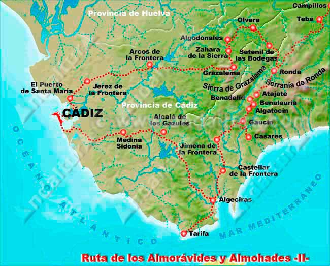 Legado Andalusí: Mapa de la Ruta de los Almorávides y Almohades, por Cádiz y Málaga