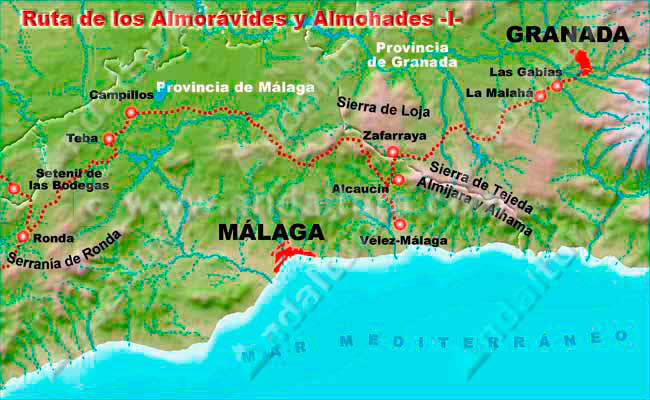 Legado Andalusí: Mapa de los Ruta de los Almorávides y Añlmohades, por Málaga y Granada