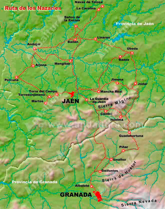 Legado Andalusí: Mapa de la Ruta de los Nazaríes - Atravesando Jaén hasta Granada -