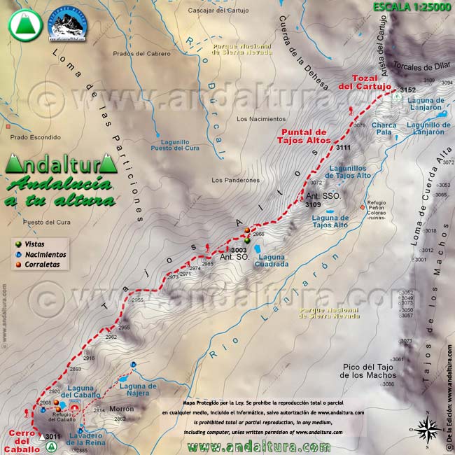 Mapa topográfico de la Integral de Sierra Nevada del Cerro del Caballo al Tozal del Cartujo