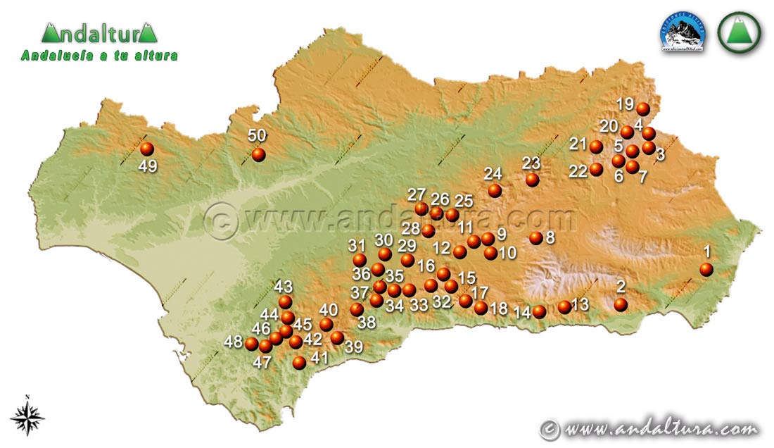 Mapa del relieve Kárstico de Andalucía: Mapa de las principales zonas