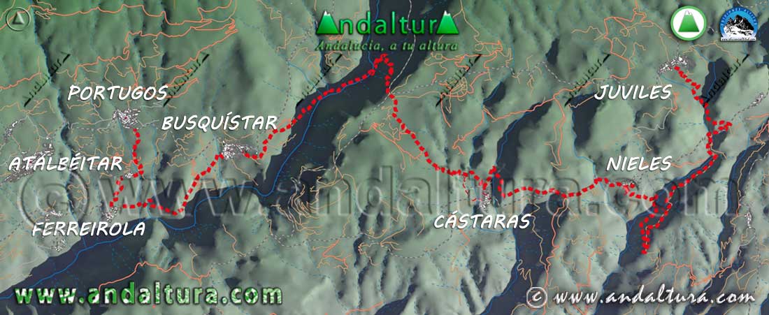 Plano - Mapa del recorrido del PR-A 299 Ruta Medieval de la Alpujarra con el recorrido y los pueblos y localidades por las que transita