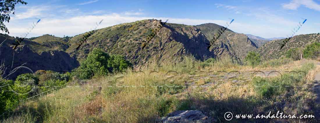 Desde la era abandonada, en el Camino del Mojolillo, de Busquístar Sierra de Mecina, con la escarihuela del GR 142 y el Picón y Corona