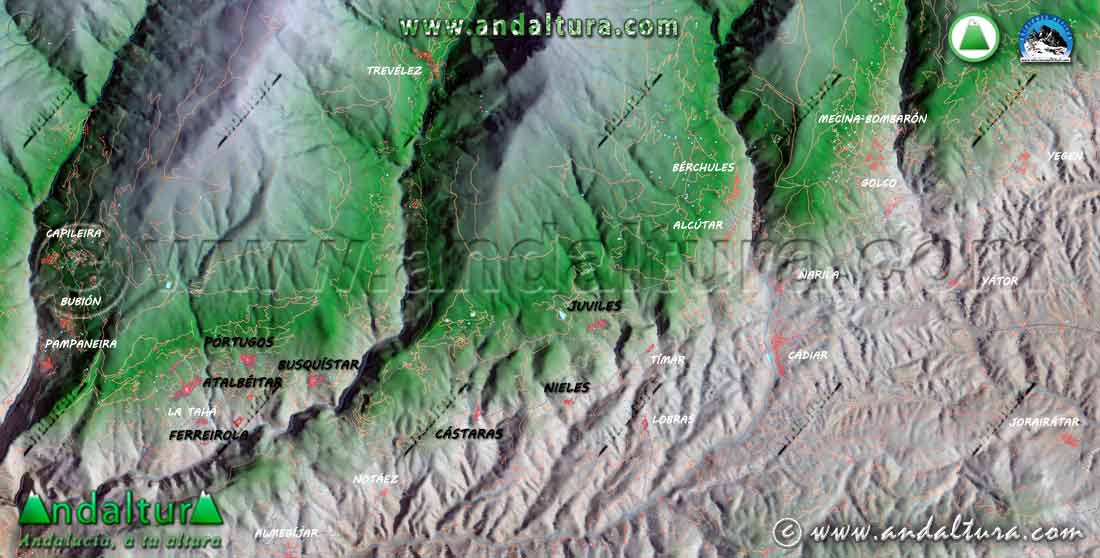 Plano - Mapa con una Imagen Virtual 3D con los municipios de la Alpujarra por los que pasa la Ruta Medieval