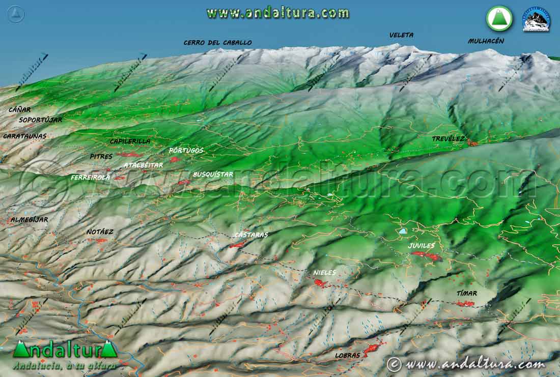 Plano - Mapa con una Imagen Virtual 3D de los municipios de la Ruta Medieval de la Alpujarra PR A 199