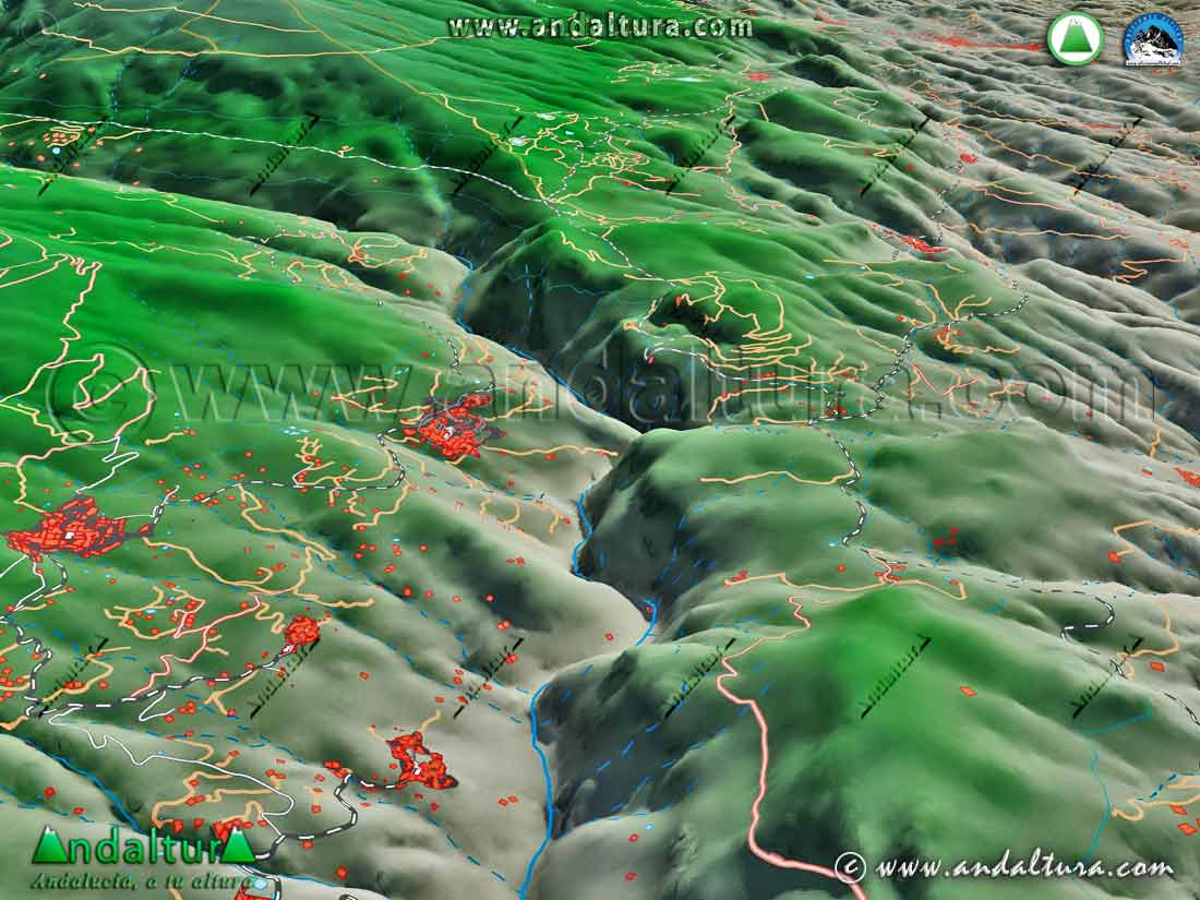 Plano - Mapa con una Imagen Virtual 3D sobre el río Trevélez - Ruta Medieval por la Alpujarra -