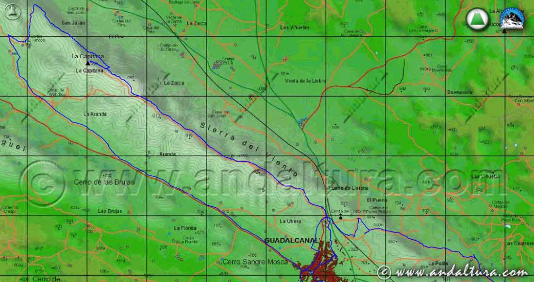 Mapa georefenciado y calibrado del Parque Sierra Morena de Sevilla, antiguo Sierra Norte, con Track de nuestras rutas de Senderismo