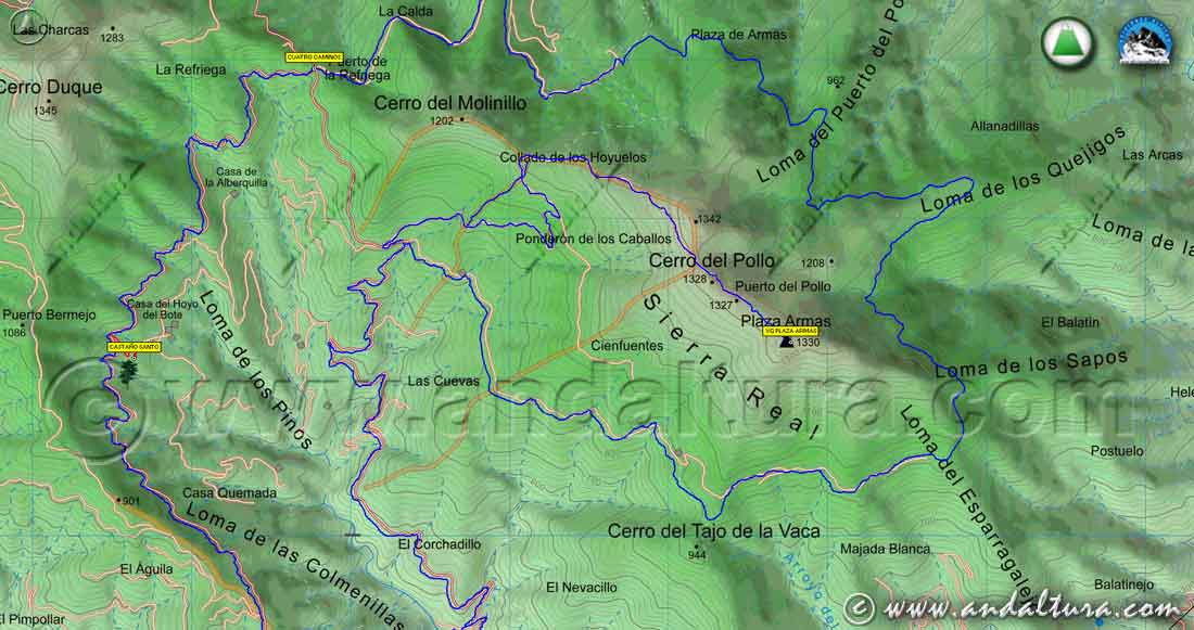 Mapa georefenciado y calibrado del Espacio Natural Sierra de las Nieves con Track y Waypoint de nuestras rutas de Senderismo