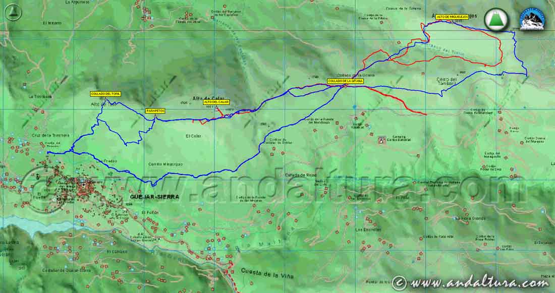 Mapa georefenciado y calibrado de la Sierra del Calar de Güéjar-Sierra con Track y Waypoint de nuestras rutas de Senderismo