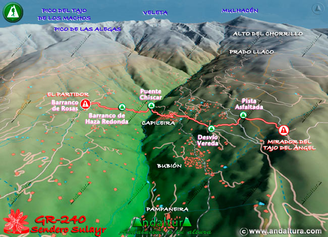 Plano con el Mapa en 3D del Gran Recorrido GR 240 Sendero Sulayr por Sierra Nevada del Tramo El Partidor - Mirador del Tajo del Ángel