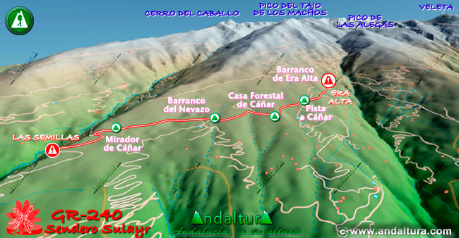 Plano con el Mapa en 3D del Gran Recorrido GR 240 Sendero Sulayr por Sierra Nevada del Tramo Las Semillas - Era Alta