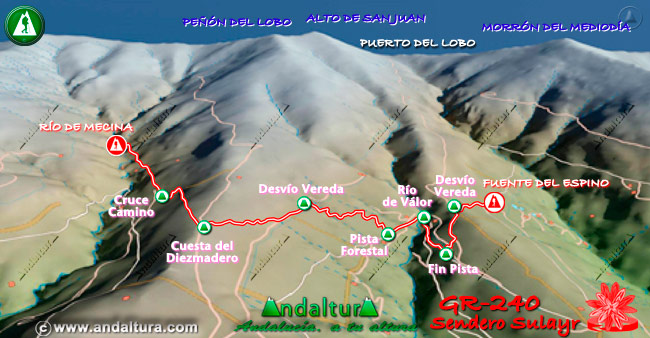 Plano con el Mapa en 3D del Gran Recorrido GR 240 Sendero Sulayr por Sierra Nevada del Tramo Río de Mecina - Fuente del Espino