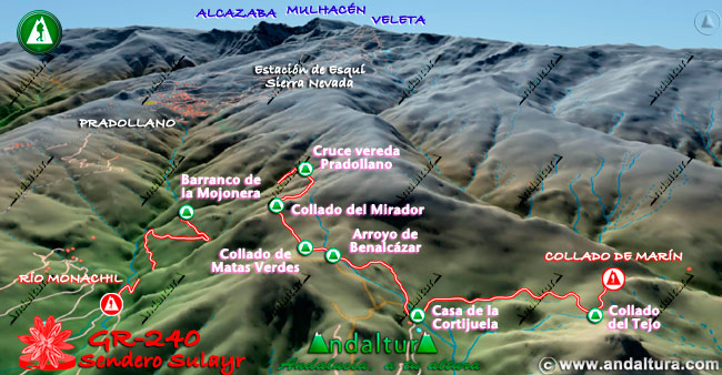 Plano con el Mapa en 3D del Gran Recorrido GR 240 Sendero Sulayr por Sierra Nevada del Tramo Río Monachil - Collado de Martín