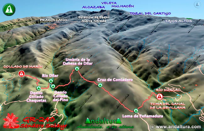 Plano con el Mapa en 3D del Gran Recorrido GR 240 Sendero Sulayr por Sierra Nevada del Tramo Collado de Martín - Toma del Canal de la Sevillana
