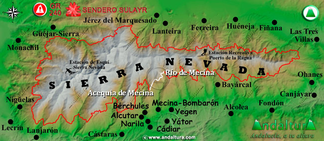 Mapa de Sierra Nevada con la situación del Tramo Acequia de Mecina - Río de Mecina del Gran Recorrido GR 240 Sendero Sulayr