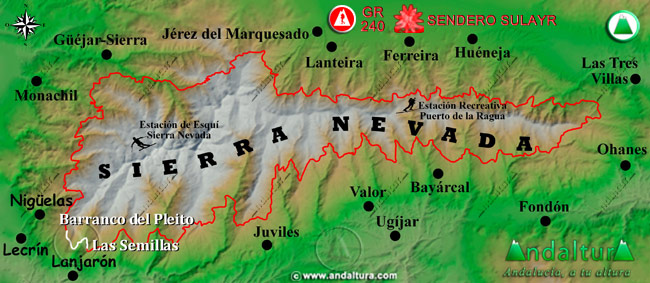 Mapa de Sierra Nevada con la situación del Tramo Barranco del Pleito - Las Semillas del Gran Recorrido GR 240 Sendero Sulayr