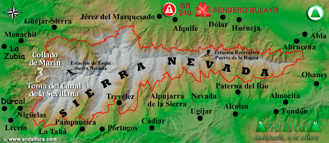 Mapa de Sierra Nevada con la situación del Tramo Collado de Martín - Toma del Canal de la Sevillana del Gran Recorrido GR 240 Sendero Sulayr