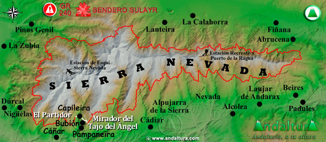 Mapa de Sierra Nevada con la situación del Tramo El Partidor - Mirador del Tajo del Ángel del Gran Recorrido GR 240 Sendero Sulayr